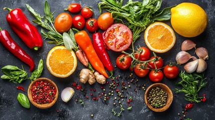 Fresh vegetables and spices on a rustic surface
