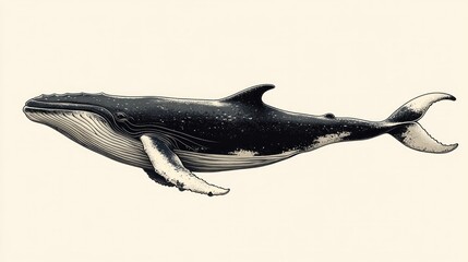 Fototapeta premium Humpback whale illustration, side view, isolated on white.