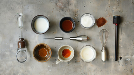 Coffee ingredients and tools arranged on rustic background