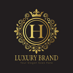 Letter H Luxury brand logo design with a royal gold crown emblem and elegant typography
