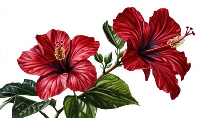 Fine details of a blossoming hibiscus with its large red flowers and glossy green leaves, isolated white background, digital botanical painting style
