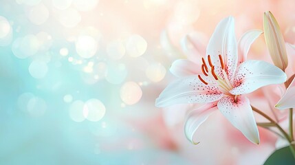 Fototapeta premium Lily floral abstract background idea. Beautiful white lily flower with soft background and bokeh effect, evoking tranquility.