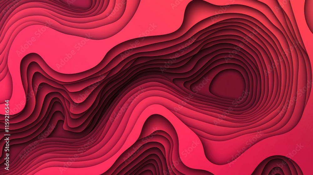 Poster abstract gradient design with layered curves in vibrant red tones, creating depth and movement