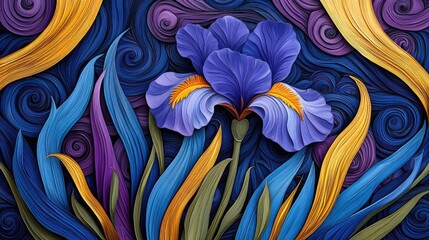 Iris floral abstract background concept. Vibrant iris flower beautifully blended with swirling colored foliage.