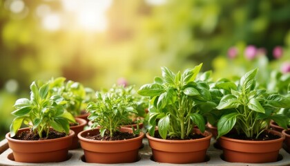 Fototapeta premium Potted herbs growing in sunlight