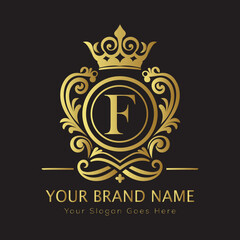Letter F Luxury brand logo design with a royal gold crown emblem and elegant typography
