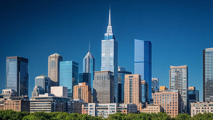 Fototapeta premium Skyline rising above lush green trees under vibrant blue sky
