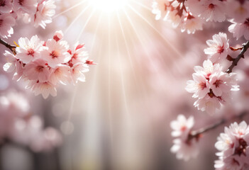 background of many sakura flowers through which the rays of the sun penetrate, which conveys the spring mood