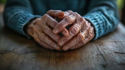 2. Elderly hands and youthful hands clasped together on a wooden table with natural light