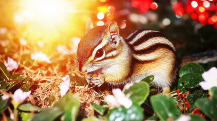Obraz premium chipmunk eating in vibrant garden with colorful flowers and sunlight