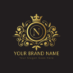 Letter N Luxury brand logo design with a royal gold crown emblem and elegant typography
