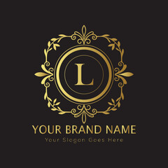 Letter L Luxury brand logo design with a royal gold crown emblem and elegant typography
