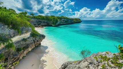 Fototapeta premium A breathtaking island beach paradise, with untouched sand, turquoise water, and lush surroundings,