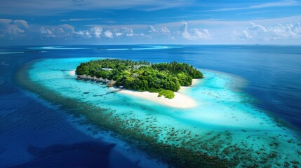 A breathtaking island beach paradise, with untouched sand, turquoise water, and lush surroundings,