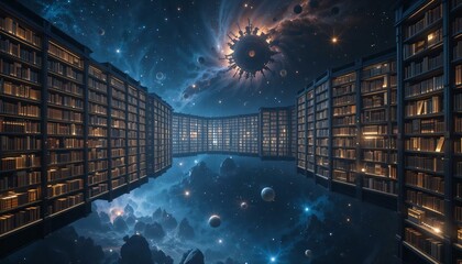 vast surreal library floating space.