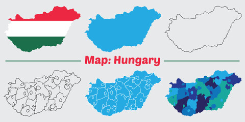 Hungary country map set. internal provinces borders marked, Simple map of Hungary vector drawing, Filled and outline.