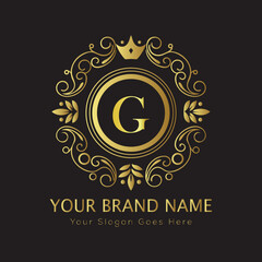 Letter G Luxury brand logo design with a royal gold crown emblem and elegant typography
