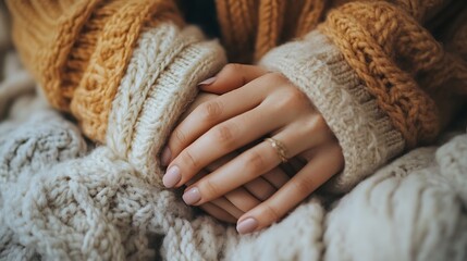 9. Close-up of hands gently clasped together on a cozy wool blanket