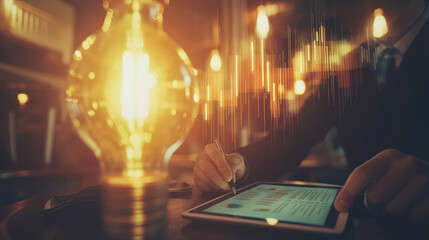 Businessman using tablet with data visualization and light bulb glow