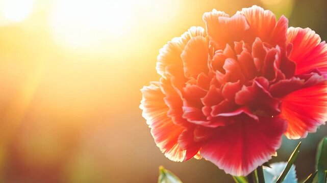 A close-up of a vibrant red carnation illuminated by warm golden sunlight, surrounded by a soft and dreamy natural background.