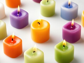 Colorful Candles on a White Surface with Flickering Flames and Soft Shadows