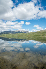 Norwegian nature landscapes, mountain under sunny blue sky Eldrevatnet lake in Hemsedal valley, Sogn og Fjordane, Norway