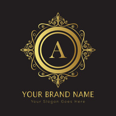 Letter A Luxury brand logo design with a royal gold crown emblem and elegant typography
