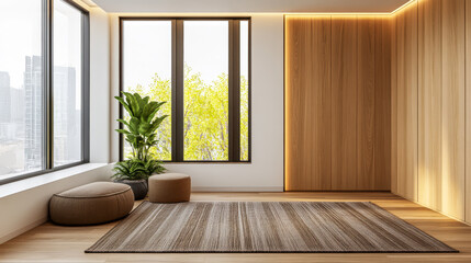 Fototapeta premium Modern interior design featuring minimalistic decor in a bright room with large windows