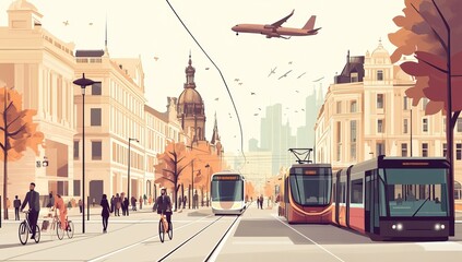 A vibrant city street with mixed architecture, electric vehicles, bicycles, and a passing airplane. Public transport variation. AI generated image