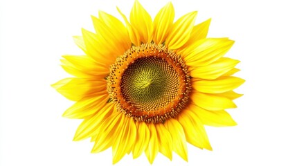 Fototapeta premium Macro shot of a vibrant yellow sunflower with its intricate spiral pattern, isolated white background, artistic minimalist style