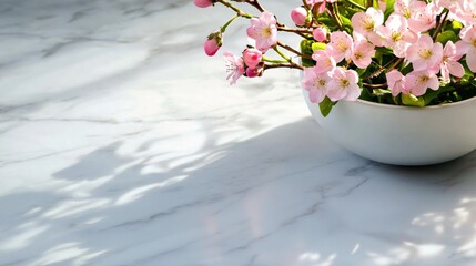 Obraz premium Beautiful Cherry Blossom Arrangement in a White Bowl on Marble Surface