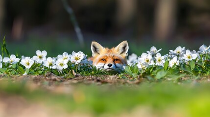 Curious Red Fox Peering Through White Flowers in a Lush Green Meadow Landscape