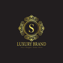 Letter S Luxury brand logo design with a royal gold crown emblem and elegant typography

