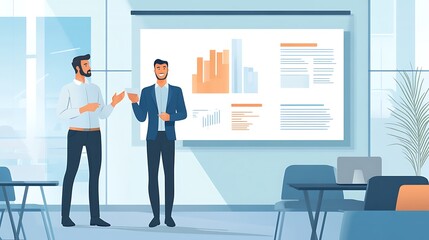 Fototapeta premium 4. A confident entrepreneur giving a presentation in a modern meeting room with a large screen display