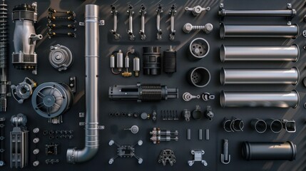 A clean layout of exhaust system parts, highlighting mufflers and catalytic converters,