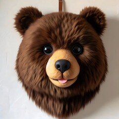 Fluffy brown bear mask on the wall.