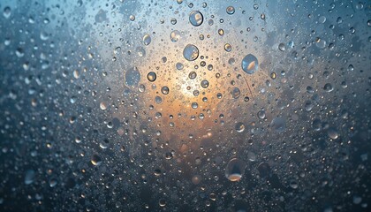 A detailed close-up of condensation droplets on a frosted glass surface, with light refracting through them.