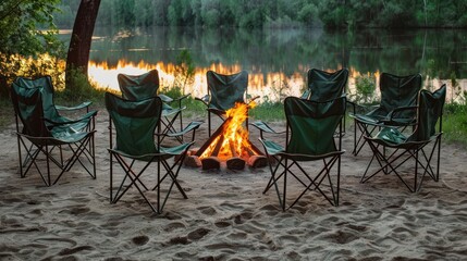 A comfortable camping chair setup, with foldable chairs arranged around a cozy campfire,
