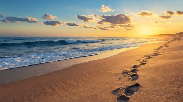 Scenic footsteps along a serene sandy beach at sunset with gentle waves and soft golden light
