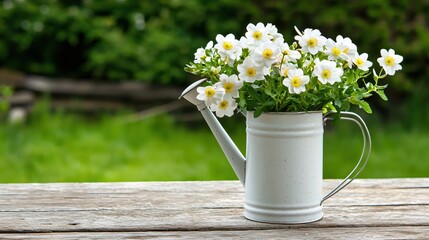 Fototapeta premium Vintage Watering Can Filled With White Flowers on Wooden Table Outdoors
