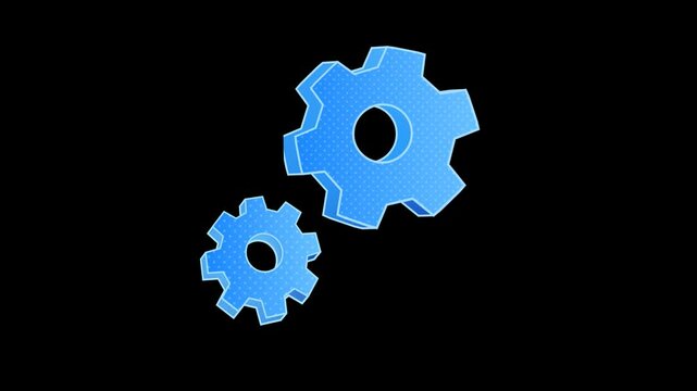 Cute cartoon comic style blue 3D animated icon of rotating gear cogwheel machine on black background, looping