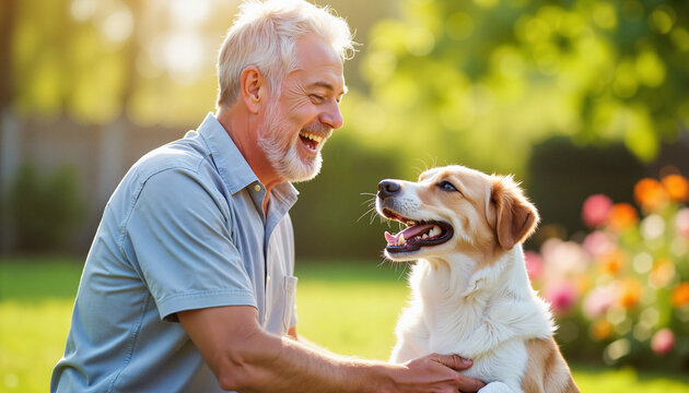 Smiling senior man playing with his dog in a sunlit garden Copy space
