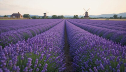 Naklejka premium A field of lavender in full bloom stretching to the horizon, with a rustic windmill in the background.