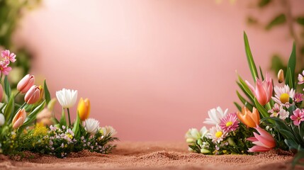 Obraz premium Vibrant Spring Flowers in Bloom on Soft Background with Greenery and Colorful Petals