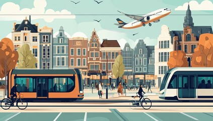 Obraz premium A vibrant city street with mixed architecture, electric vehicles, bicycles, and a passing airplane. Public transport variation. AI generated image