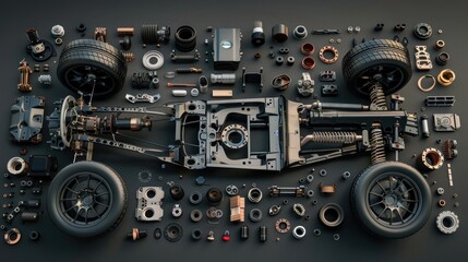A creative layout of aftermarket car parts, with a focus on performance and aesthetics,