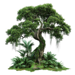 rainforest tree covered in vines and moss stands surrounded by lush ferns