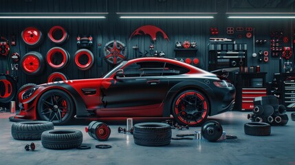 A creative setup of aftermarket car parts, featuring custom-designed and performance upgrades,