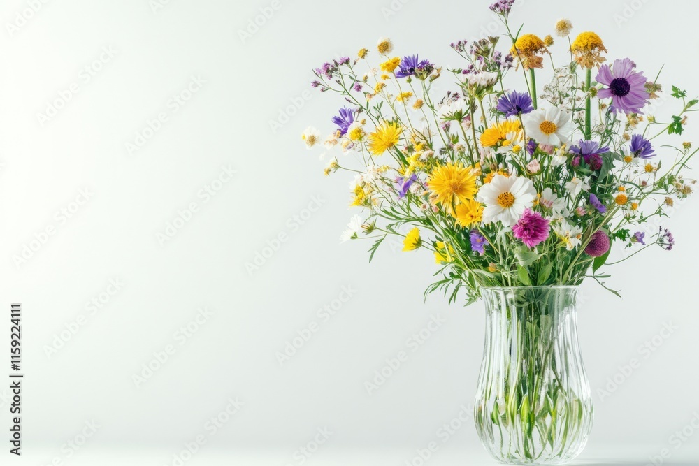 Poster Wildflowers arranged in a clear glass vase on a minimalistic surface with ample copy space. Generative AI