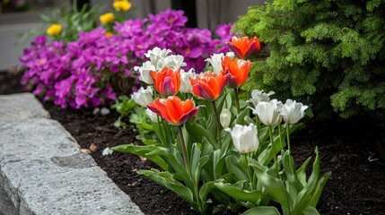 Obraz premium Vibrant Garden Scene with Colorful Tulips and Purple Flowers in Blooming Landscape